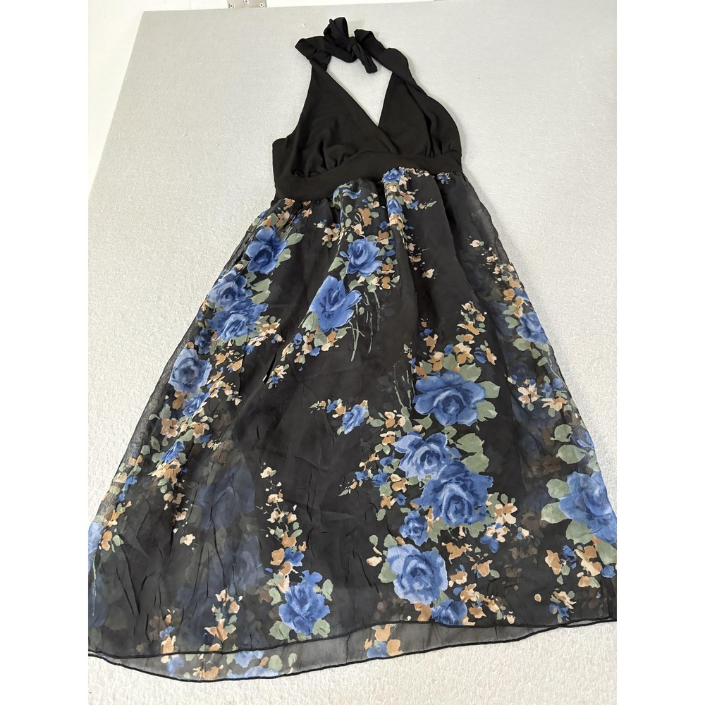 MKM Designs Dress‎ Womens Medium Black Blue Floral Halter Chiffon Made In USA